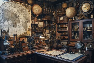 An intricately detailed vintage study room, filled with navigational instruments, antique map, and explorer's tools, evoking the spirit of discovery. Resplendent. - obrazy, fototapety, plakaty