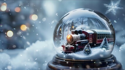 a snow globe with a train inside - obrazy, fototapety, plakaty