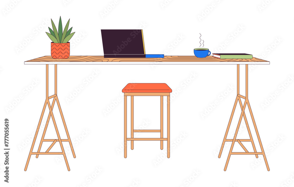 Poster laptop and coffee on counter table 2d linear cartoon objects. comfortable place to work isolated lin
