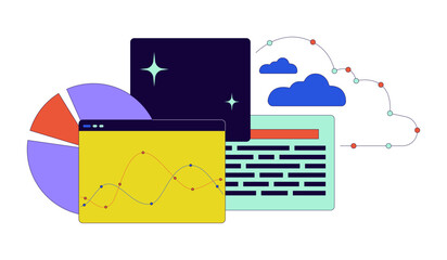 Analytics project management 2D linear cartoon object. Data analysis cloud storage isolated line vector element white background. Digital files, graphs charts forecasting color flat spot illustration