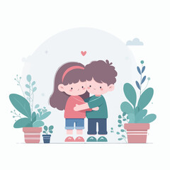 Vector kid couple hugging in flat design style