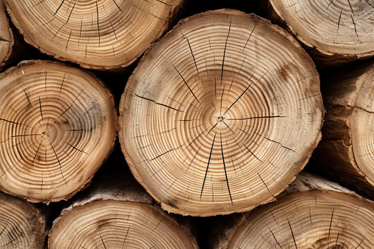 Wooden logs background. Close-up of chopped firewood. Generative Ai