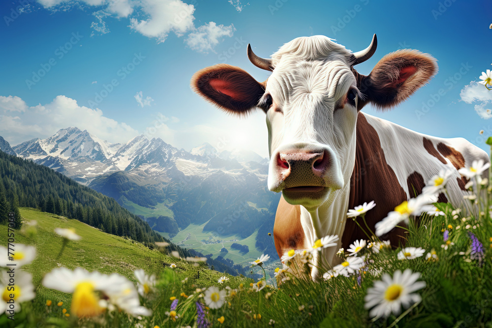 Wall mural cow on meadow with daisies and mountains in the background. generative ai