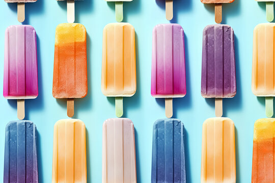 Colorful ice cream popsicles on blue background. Top view. Generative Ai
