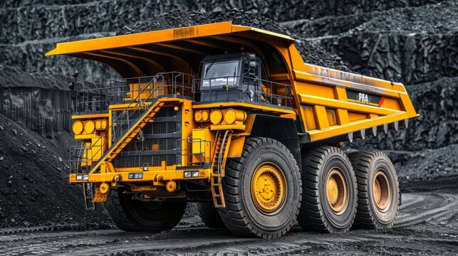 Big yellow anthracite mining truck operating in open pit coal mine industry for effective extraction