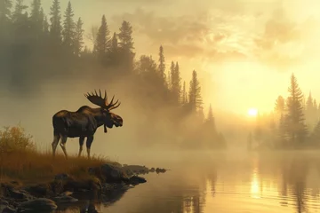 Rideaux occultants Orignal Moose at Lakeside in Misty Sunrise Forest. 