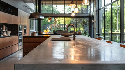 This kitchen exudes a sense of understated elegance thanks to the polished concrete countertops that adorn the cooking area. The smooth and shiny surface brings a touch of glamour . - obrazy, fototapety, plakaty