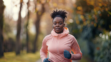 With unwavering focus etched on her face, a curvy African woman takes strides while jogging in a city park, showcasing the joy and empowerment found in sport and outdoor exercise.