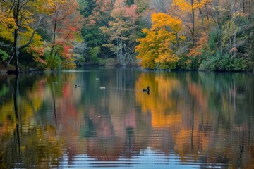 Autumn Reflections on a Calm Forest Lake. 