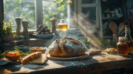 A man is preparing bread using ingredients in a bakery and cooking it with a stick for a delicious breakfast dish.