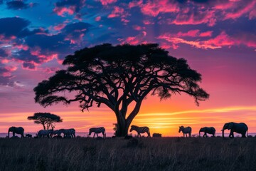 Enchanting Twilight with Elephants and Zebras in Savannah. 
