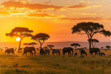 Safari Wildlife Silhouettes at African Sunset. 