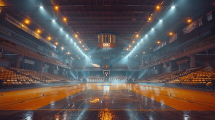 An empty indoor basketball court with no people Landscape image with copy space for the background of a professional basketball court in a large stadium. There are rows of empty seats.