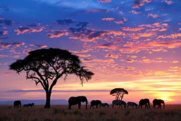 Fototapeta na wymiar Dramatic African Sky Over Elephant and Zebra Silhouettes. 