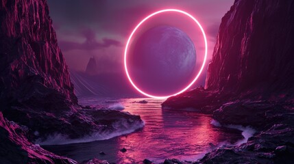The great pink floating circle beyond the river that surrounded with a lot amount of the tall mountains at the dawn or dusk time of the day that shine light to the every part of the picture. AIGX03. - obrazy, fototapety, plakaty