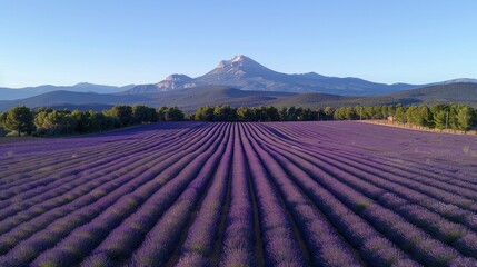Spectacular lavender fields contrasting beautifully with the serene and cloudless blue sky