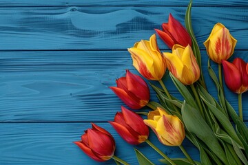 Spring Holiday background. Colorful tulips on a blue wooden background, top view. Greeting card with space for text. Valentine's Day, Woman's Day, Mother's Day, Easter.