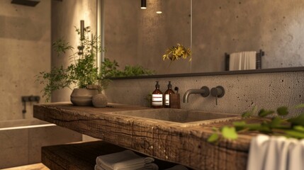 The bathroom is a modern take on the concept of bringing nature indoors. A reclaimed wood vanity and mirror add a touch of rustic charm to the sleek and minimalistic space. The use .