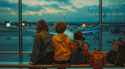A family of three stands in an airport terminal, silhouetted against a large window overlooking the...