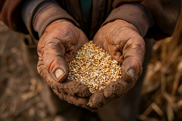 Farmer's Hands Full of Harvested Grain. Weathered hands cradle a handful of harvested wheat, symbolizing hard work and the harvest season. - obrazy, fototapety, plakaty