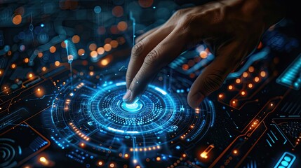 A hand engages with a futuristic holographic interface, touching a complex digital touchscreen with glowing cybernetic elements, symbolizing advanced technology and interaction..