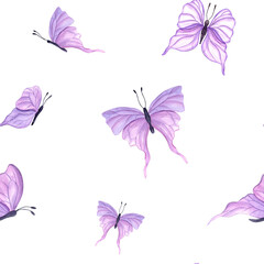 Seamless pattern of fluttering pink butterflies. Abstract watercolor tropical insects. Hand drawn illustration for textile, wedding invitation, banner design