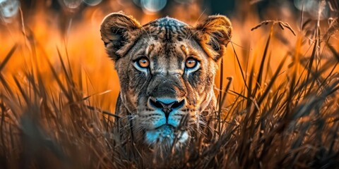 concentrated lioness hunting in thickets of dry grass, looking directly at the camera, World Wildlife Day, banner - obrazy, fototapety, plakaty