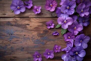 violet flowers on vintage wooden background, border design. vintage color tone - concept flower of spring or summer background