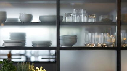 In a minimalist industrial kitchen frosted glass cabinet doors provide a modern touch while also hiding cluttered shelves and dishes behind them. The frosted glass lends a crisp clean . - obrazy, fototapety, plakaty