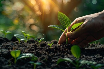 Human hands carefully nurture a young plant, planting it into fertile soil, under the rays of the sun, symbolizing hope and growth..