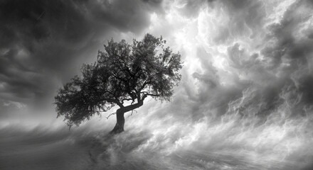 Fototapeta premium A lone tree in a storm, branches thrashing with the force of anger