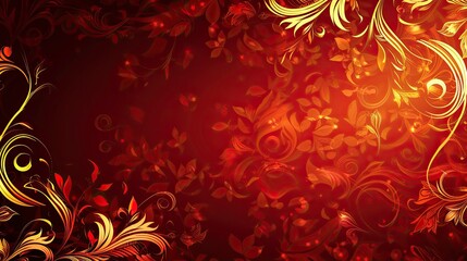 An intricate pattern of golden floral swirls and leaves flourishes across a dark red background, creating a feeling of warmth and luxury..
