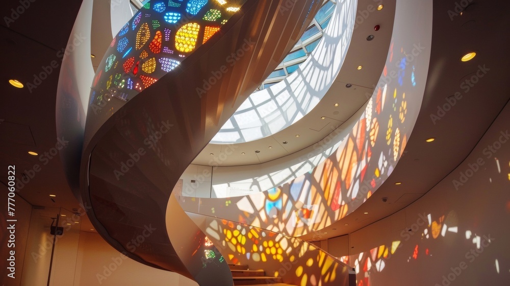 Poster as visitors make their way up the spiral staircase they are greeted by a kinetic tile art installati