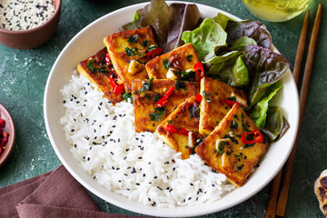 Fried tofu with rice and salad. Vegetarian food. Healthy eating. Diet.