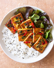 Fried tofu with rice and salad. Vegetarian food. Healthy eating. Diet.