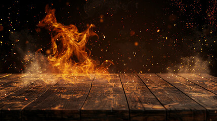 Smoke, sparks and flames surrounding a wooden table with a burning fireplace create a spectacular composition, adding a feeling of warmth and a pleasant atmosphere around the products. - obrazy, fototapety, plakaty