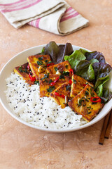 Fried tofu with rice and salad. Vegetarian food. Healthy eating. Diet.