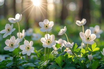 Beautiful white flowers of anemones in spring in a forest close-up in sunlight in nature. Spring forest landscape with flowering primroses - obrazy, fototapety, plakaty
