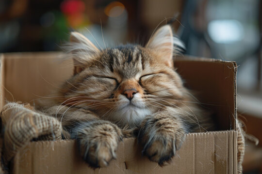A fluffy cat sitting in a box, with its eyes closed and looking content