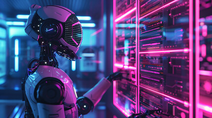 AI-driven robot workforce revolutionizes factories in cybernetic landscapes, orchestrating intricate assembly lines with precision and efficiency amidst a backdrop of pulsating neon lights - obrazy, fototapety, plakaty