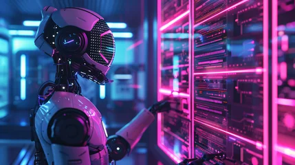 Tragetasche AI-driven robot workforce revolutionizes factories in cybernetic landscapes, orchestrating intricate assembly lines with precision and efficiency amidst a backdrop of pulsating neon lights © Natchaya