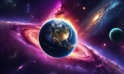 wallpaper representing the earth seen from a space shuttle, with the galaxy in the background