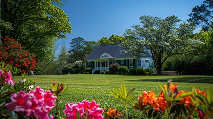 Fototapeta premium Serene Spring A Picturesque Country House Surrounded by Vibrant Flowers Generative AI