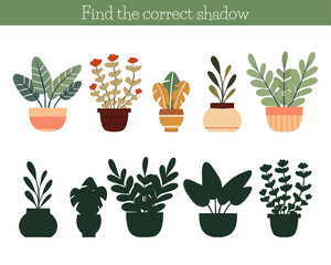 Vector worksheet find the right shade for plants in pots. Educational template with houseplants in vases for kindergarten and school games. - 777062695