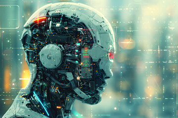 Fototapeta premium Cybernetic Beings Navigate Complexities with Augmented Senses and Enhanced Capabilities
