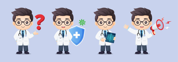 Doctor Character-3Set of cute male doctor character design with protection shield, x-ray and megaphone. Vector cartoon illustration.