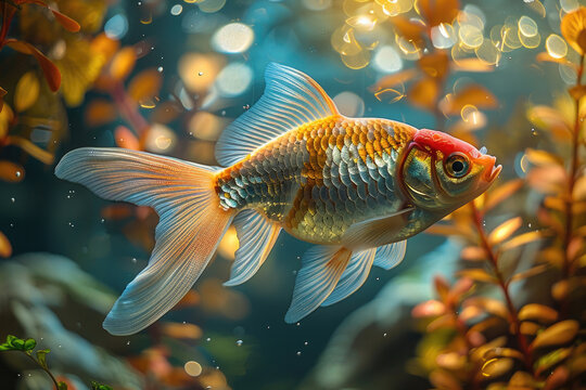 A fish swimming in a tank, with its scales reflecting the light
