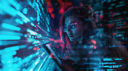 A programmer who is in-depth in working with a 3D screen uses holograms to encode and conduct cybersecurity research to protect digital data.