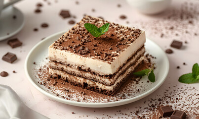 classic tiramissu cake with mint leaves in chocolate sprinkles, Generative AI 