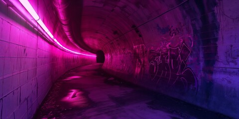 An urban scene of a desolate tunnel illuminated with neon pink lighting and graffiti on its walls